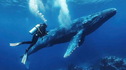 A diver swims alongside a majestic humpback whale in clear blue waters.