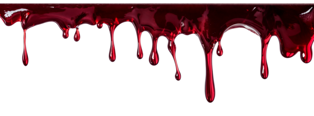 Smooth, glossy red liquid flowing downwards, dripping isolated on transparent background cutout, png