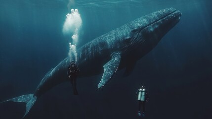 Fototapeta premium Divers swimming alongside a majestic blue whale in deep ocean waters.