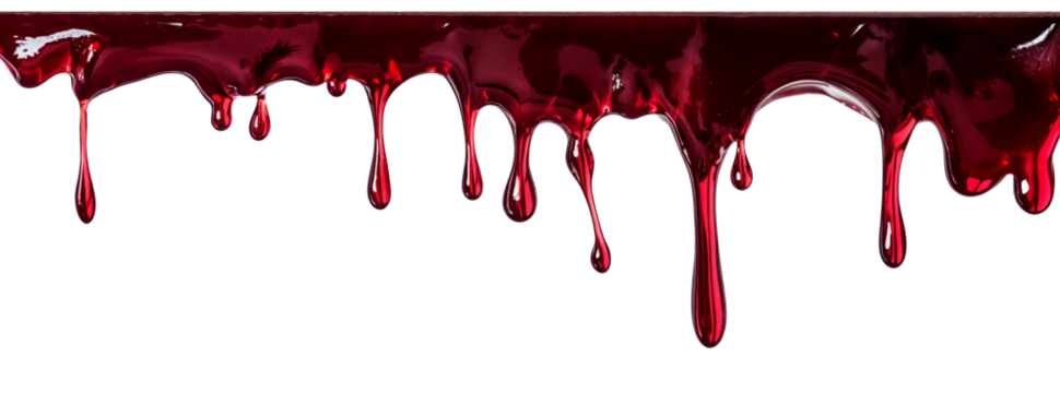 Smooth, glossy red liquid flowing downwards, dripping isolated on transparent background cutout, png
