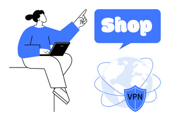 Person with laptop sits and points to text shop with a globe and VPN shield. Ideal for online shopping digital security e-commerce virtual private network internet safety. Simple modern style