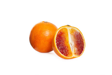 Ripe Sicilian oranges isolated over white background. Copy space. Close up view