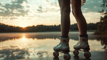 Fototapeta premium A person on roller skates at sunset by a tranquil lake.