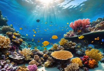 vibrant coral reefs infused colorful marine life featuring exotic soft diverse oceanic flora lively underwater ecosystem, fish, biodiversity, tropical