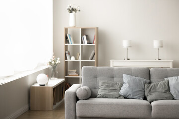 Modern Scandinavian interior design of cozy living room with no people. Cropped shot of grey sofa, with daylight from window, pale decoration, shelves, white wall in background