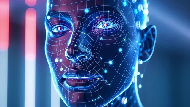 Glowing blue wireframe of a human face symbolizes digital security and technology's future, showcasing facial recognition and scanning for privacy protection in the cyber network