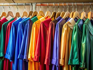 Elegant graduation gowns displayed on hangers showcasing various colors and styles for celebrations