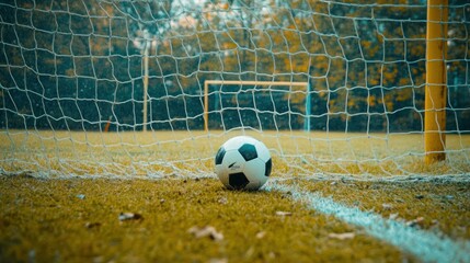 Fototapeta premium A soccer ball rests near the goalpost on a grassy field, ready for play.