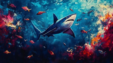 A shark pursuing small fish in a vibrant ocean environment featuring marine life