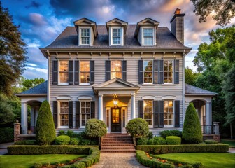 Elegant Gray House Shutters Enhancing the Charm of a Classic Home Architecture and Design Style