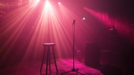 A dimly lit stage with a microphone and stool, set for a performance.