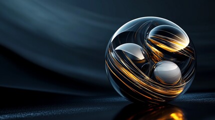 3D rendering of glossy black and gold spheres, and glass spheres with white and gold swirls in an elegant vase, set against a dark blue background with reflective lighting and luxurious finish.