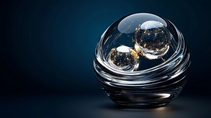 3D rendering of glossy black and gold spheres, and glass spheres with white and gold swirls in an elegant vase, set against a dark blue background with reflective lighting and luxurious finish.