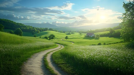 Fototapeta premium Landscape with green grass and blue sky on both sides of a beautiful road