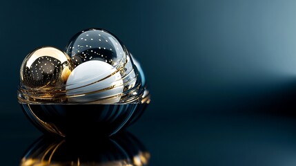 3D rendering of glossy black and gold spheres, and glass spheres with white and gold swirls in an elegant vase, set against a dark blue background with reflective lighting and luxurious finish.