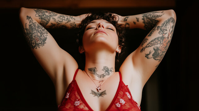 portrait of a woman in lingerine with tatoos
