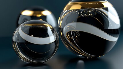 3D rendering of glossy black and gold spheres, and glass spheres with white and gold swirls in an elegant vase, set against a dark blue background with reflective lighting and luxurious finish.