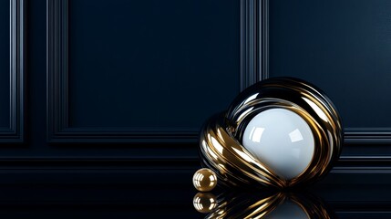 Obraz premium 3D rendering of glossy black and gold spheres, and glass spheres with white and gold swirls in an elegant vase, set against a dark blue background with reflective lighting and luxurious finish.
