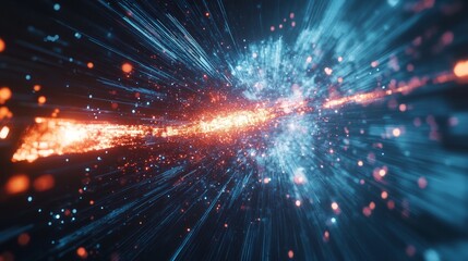 Naklejka premium A futuristic design illustrating rapid data movement with glowing rays and dynamic explosions, capturing the essence of space travel