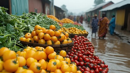 A vibrant outdoor market with fresh produce, including yellow and red tomatoes, on display. Customers browse the stalls, while the background features a busy street scene.