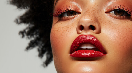 Fototapeta premium A beautiful Black woman with an afro hairstyle, and burgundy lipstick