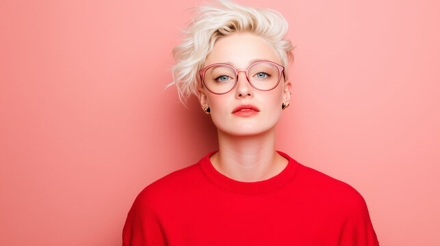 glasses-wearing androgynous person with a neutral expression against a pastel pink background. - Powered by Adobe