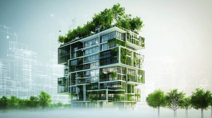 A modern green building design featuring extensive vegetation and glass elements.
