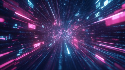 Naklejka premium A futuristic design illustrating rapid data movement with glowing rays and dynamic explosions, capturing the essence of space travel