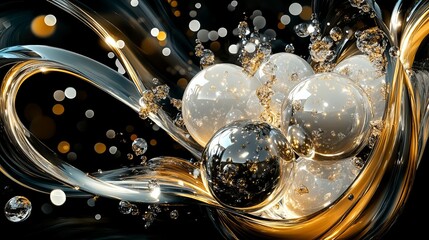 Obraz premium 3D rendering of glossy black and gold spheres, and glass spheres with white and gold swirls in an elegant vase, set against a dark blue background with reflective lighting and luxurious finish.
