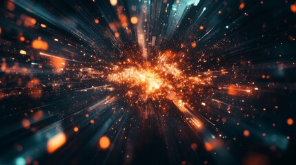 Obraz premium A futuristic design illustrating rapid data movement with glowing rays and dynamic explosions, capturing the essence of space travel