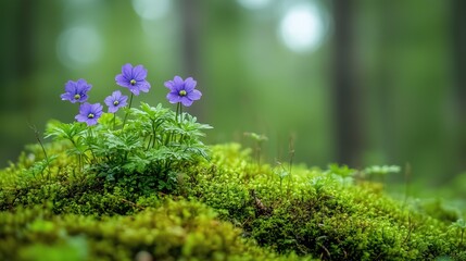 Obraz premium A few purple flowers atop a green moss-covered ground