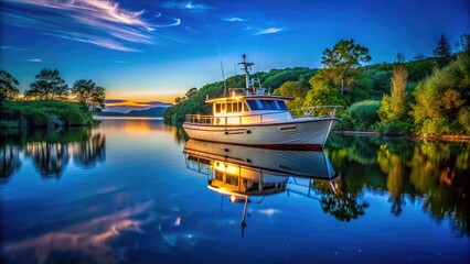 Fototapeta premium Elegant hatch boat moored in serene waters, surrounded by lush greenery and a clear blue sky