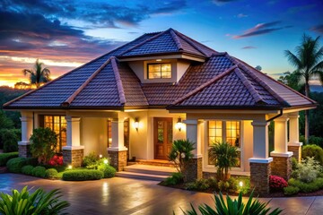 Naklejka premium Elegant Hip Roof Design Showcasing Architectural Style and Versatility for Modern Buildings and Homes