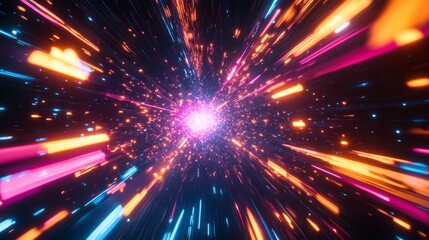 Fototapeta premium A futuristic design illustrating rapid data movement with glowing rays and dynamic explosions, capturing the essence of space travel