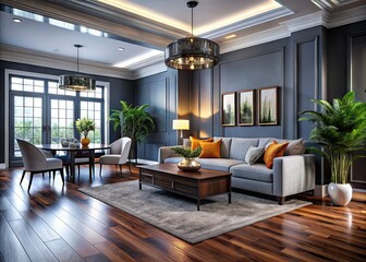 Elegant Interior Design Featuring Dark Hardwood Floors and Stylish Gray Walls for Modern Spaces