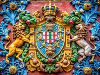 Elegant Italian Coat of Arms Featuring Heraldic Symbols and Vibrant Colors on Textured Background
