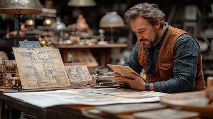 A mature artisan examines a blueprint while working in his workshop.