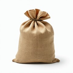 Full burlap sack tied with rough twine sitting on white background