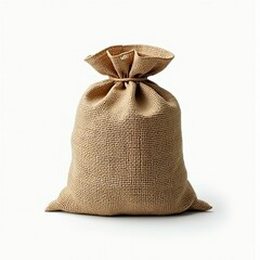 Full burlap sack tied with rough twine sitting on white background