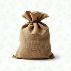 Full burlap sack tied with rough twine sitting on white background