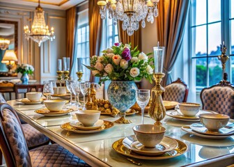 Fototapeta premium Elegant luxury dining sets with fine china, crystal glassware, and exquisite table decor for occasions