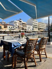 Agios Nikolaos, Greece - September 26, 2023: View of Agios Nikolaos and its harbor, Crete, Greece. Voulismeni lake.