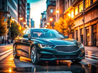 Fototapeta premium Elegant luxury sedan showcasing modern design and sophisticated features on urban city street backdrop