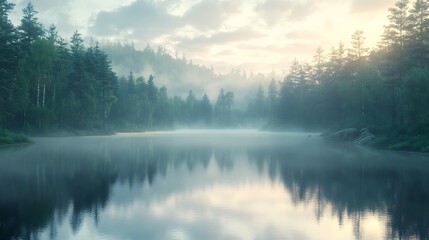 Fototapeta premium A picturesque lake surrounded by a dense forest and soft swirling fog