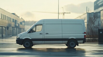 A side view of a white delivery van parked in an urban area with a crane in the background.