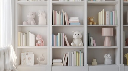 A cozy bookshelf filled with colorful books and soft toys, creating a warm atmosphere.