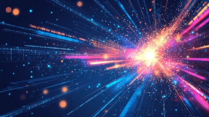 Obraz premium A futuristic design illustrating rapid data movement with glowing rays and dynamic explosions, capturing the essence of space travel
