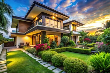 Fototapeta premium Elegant Modern Villa Exterior Surrounded by Lush Greenery and Beautiful Landscape Design Elements