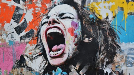 A vibrant mural depicting a person screaming, surrounded by colorful abstract elements.
