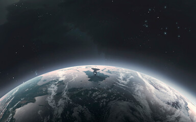3D illustration of Earth planet and satellites at orbit. High quality digital space sci-fi art in 5K - realistic visualization